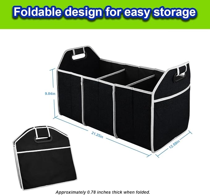 Car Trunk Organizer, Portable Foldable Waterproof Auto Storage Bag with 3 Compartments, Collapsible Cargo Trunk Groceries Organizer, Car Accessories Universal for SUV, Truck, Van, Sedan (Black)