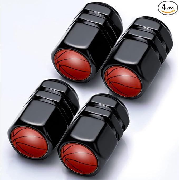 4Pack Basketball Tire Valve Caps Universal Tire Air Cap Valves Stem Covers | Aluminum Alloy Rust-Proof Valve Stem Caps, for Auto SUV Truck Motorcycle Bicycle, Basketball Gifts for Women Men Drivers