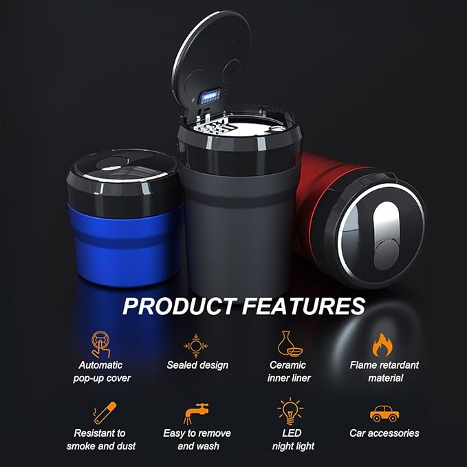 Car Ashtray with Lid, Easy Clean Up Detachable Smokeless Ashtray with LED Blue Light, Portable Mini Ash Tray Cup Holder for Car Home Office Travel, Interior Auto Accessories (Black, Larger)