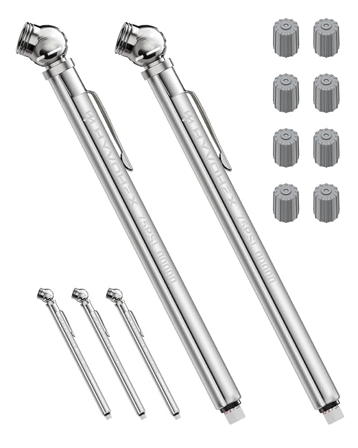 Pencil Tire Pressure Gauge 5 Pack with Valve Caps, Stainless Steel Body Tire Gauges for Tire Pressure with Deflator Valve, Metal Nozzle Tire Gauge for Cars, Pickups, RVs, Bicycles