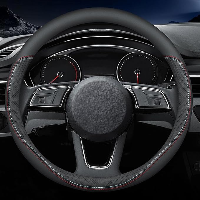 Latest Nappa Leather car Steering Wheel Cover, Stylish Non-Slip Leather car Interior 15 inches Universal（Black）