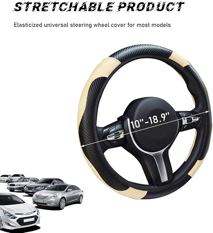 Car Steering Wheel Cover, 15 Inch Leather Breathable Auto Steering Wheel Protector, Comfortable Non-Slip Vehicle Steering Wheel Covers, Universal Car Accessories (Beige, with Lining)