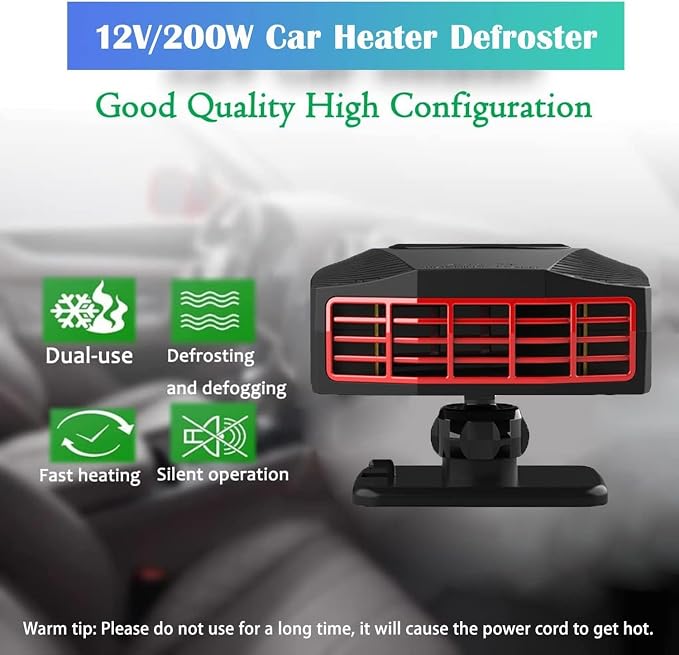 Car Heater,12V 150W Portable 2-in-1 Heating and Cooling Fan with Cigarette Lighter Plug, 360 Rotation Base Windshield Defogger Defroster for All Cars