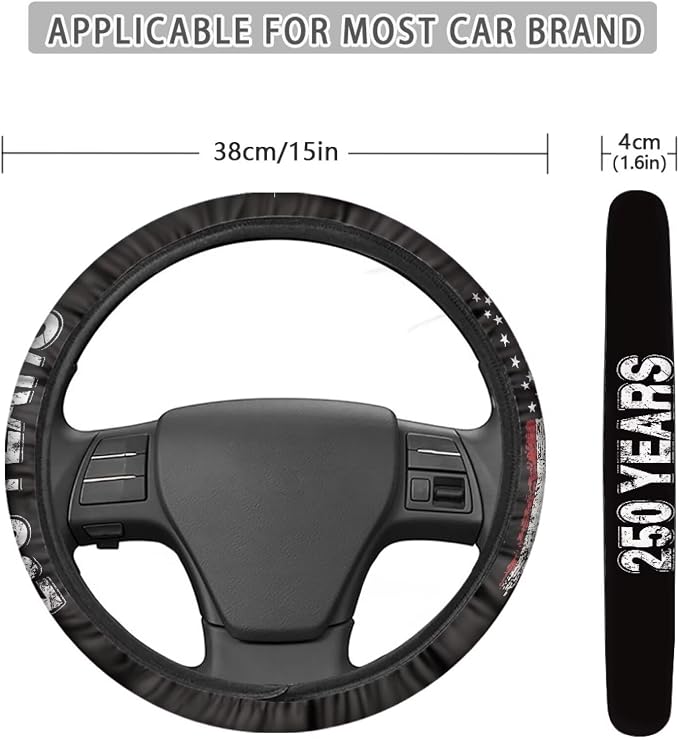 Auto Steering Wheel Covers Comfort Anti-Slip Safety Stretch-on 14-15 inch, American 250 Years Print Easy Fix Machine Washable Steering Wheel Protection