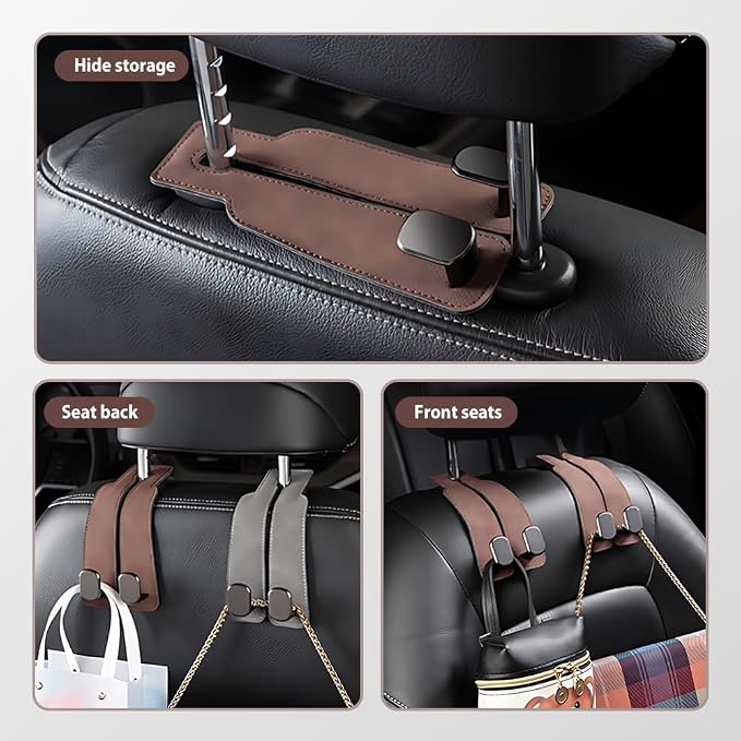 2026 New Car Seat Headrest Hooks for Purses and Bags - Support Car Headrest Hooks for Purses and Bags Coat, Leather Car Bag Purse Holder with Double Hooks (Brown-4PC)
