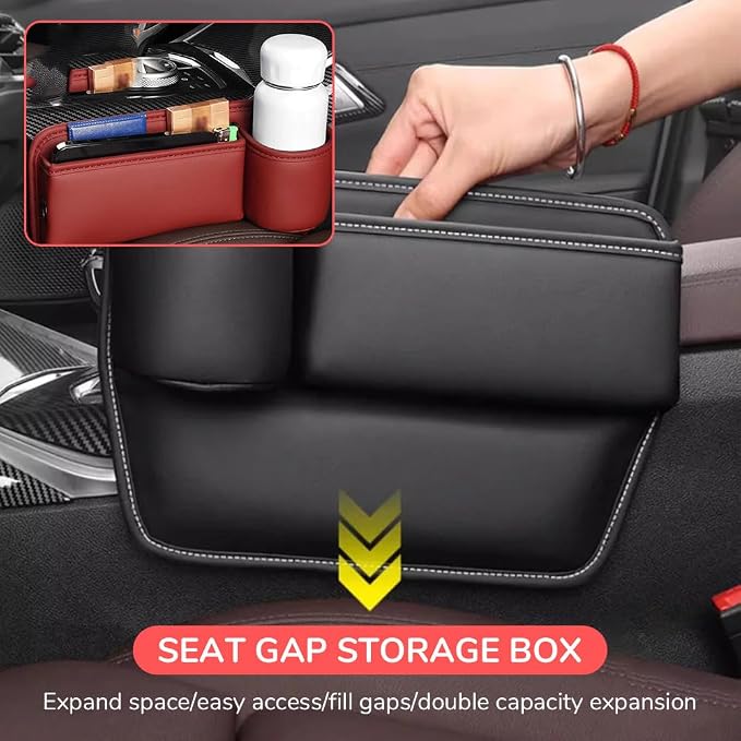 Car Leather Cup Holder Gap Bag,2025 Upgrade Car Storage Box with Cup Holder,Seat Storage Box Gap Filler Organizer for Glasses Phone Keys and Cards (Brown, Passenger Seat)