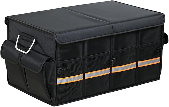 Car Trunk Organizer - Collapsible Trunk Organizer & Lid Foldable Cover Aluminium Alloy Handle Reflective Strip for Auto, SUV, Truck, Minivan (L Black)