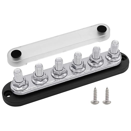 6 x M10 (3/8") Studs Power Distribution Block Bus Bar 12V, 7" HD 300A Marine BusBar Battery Distribution Block W/Cover for Car Boat Solar (Black)