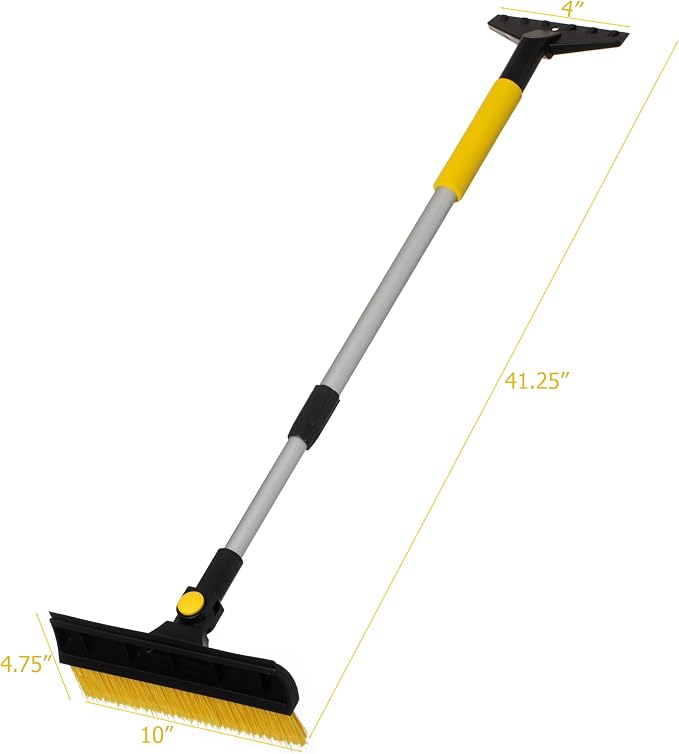 30-43" Extendable Aluminum Snow Brush with Built-in Squeegee & Ice Scraper 3-in-1 Non-Slip Foam Grip Winter Car Tool with Scratch-Free Bristles for Cars, SUVs & Trucks, Yellow