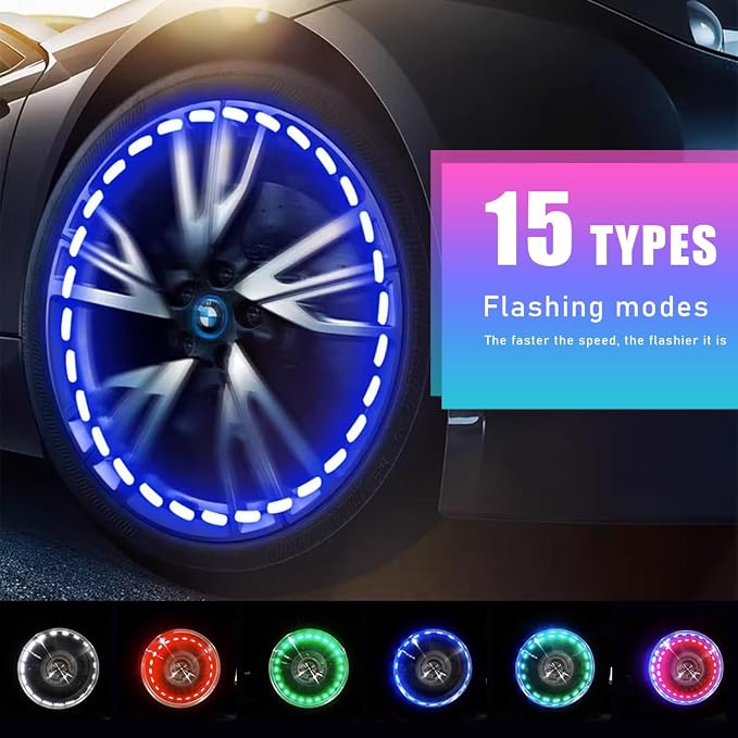 4PCS Car Tire Wheel Lights, Colorful Flashing LED Air Valve Cap Lights with Motion Sensor, Solar Waterproof Tire Light Gas Nozzle for Truck Bike Motorcycle, Car Accessories