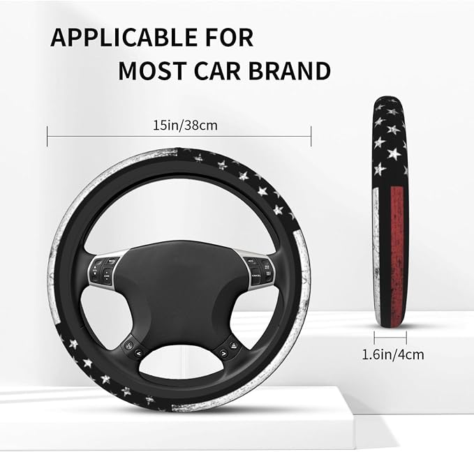 Thin Red Line 3-Pc Car Set: Steering Wheel Cover & 2 Car Coasters | Firefighter Anti-Slip Breathable Universal for 14.5 -15.5 Inch Car Wheel Cover Suitable for Men Women