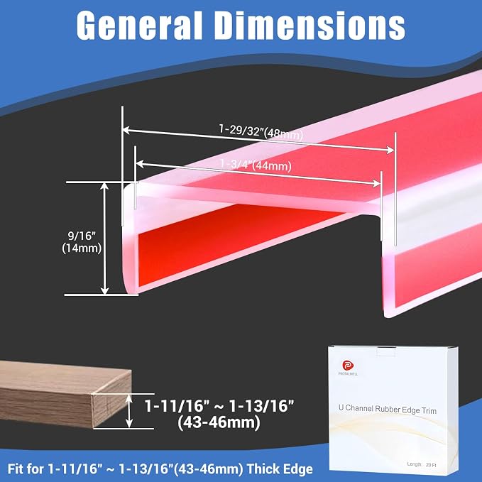 Rubber Edge Trim, Self-Adhesive U Channel Edge Trim, Edge Protector for Plywood and Wood, Peel and Stick U Shaped Edge Banding, Silicone Rubber Material, Clear Color, Fit 1-3/4"(45mm)