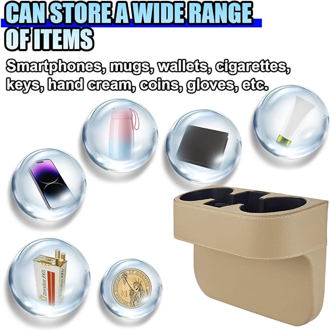 ZIMISI Car Cup Holder, Leather Front Console Gap Filler Organizer (Beige) | Car Seat Gap Filler Storage Box, Multifunctional Car Cup Drink Holder, Coin Bucket, Cell Mobile Phone Holder
