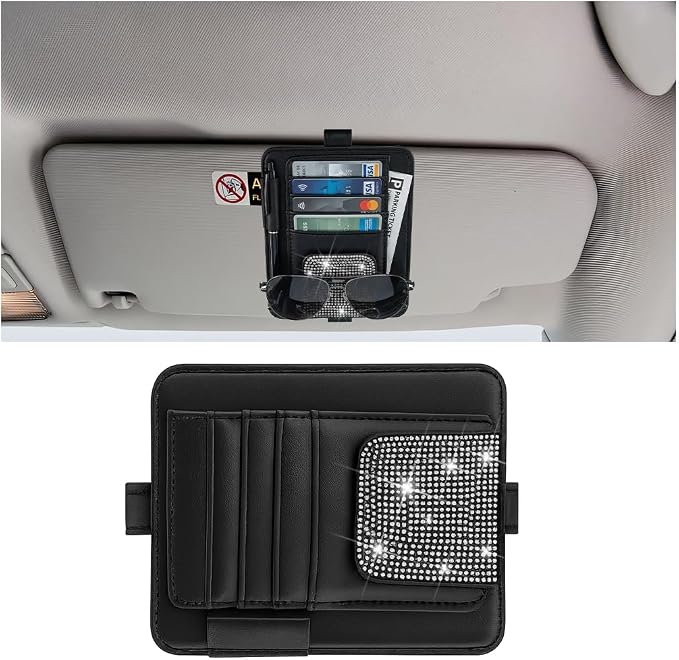 Bling Car Sun Visor Organizer, Multi Pocket Crystal Rhinestone Vehicle Sunshade Card Sleeve Storage Pouch with Pen Sunglass Holder, Auto Interior Visor Organizer Pouch, Universal Fit (White)