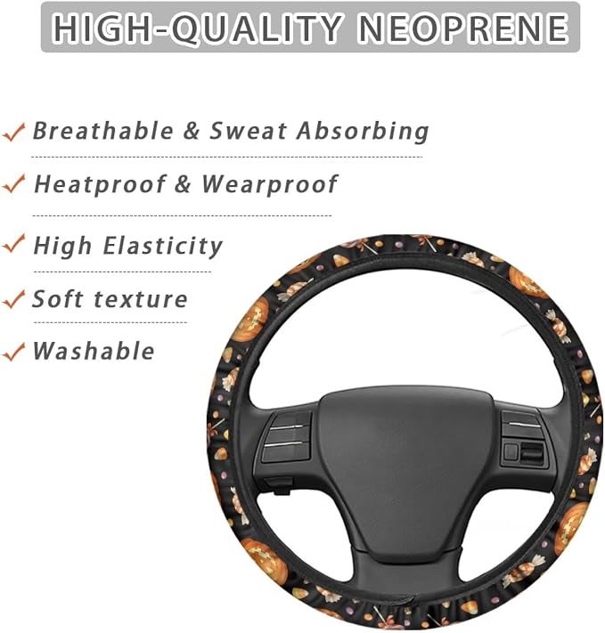 Car Steering Wheel Cover Universal 15 Inch Anti-Slip Neoprene Auto Steering Wheel Protector Halloween Car Accessories Decor for Women Men, Pumpkin Candy