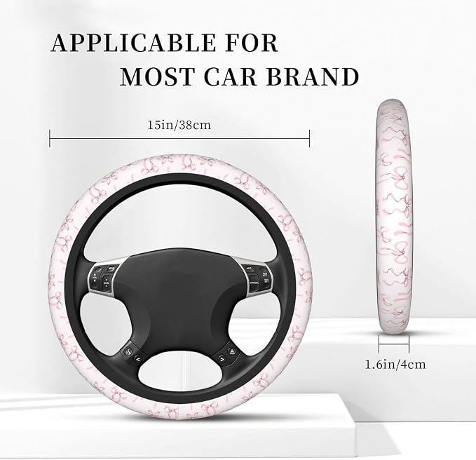 Pink Bow Steering Wheel Cover for Women, Steering Wheel Covers with Anti-Slip Lining, Universal 14.5-15 inchs Car Interior Accessories with 2PCS Car Coasters Suitable for Men and Women