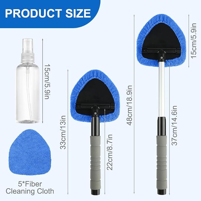 6 Pcs Windshield Cleaning Tool, Car Window Cleaner Kit with 5 Reusable Microfiber Pads, 1 Spray Bottles, Extendable Long Handle, Auto Inside Glass Wiper Kit for Vehicles(Blue)