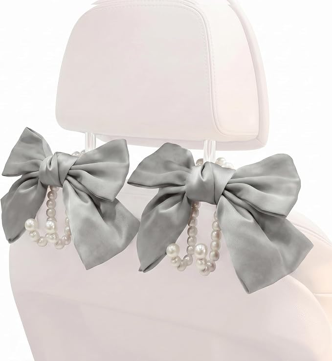 2PCS Satin Bow Pearl Car Seat Headrest Hooks – Car Bag Holder & Vehicle Hanger for Purses – Cute Coquette Aesthetic Interior Decoration – Cute Auto Organizer Accessories Universal (Moonlight Grey)