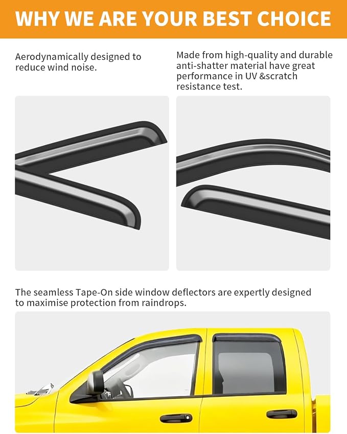 Extra-Thick Window Rain Guards Fit for Dodge Ram 1500 2002-2008 Quad Cab&Ram2500/3500 2003-2009 Extended Cab Rain Guards Truck Vent Shades Tape-on Window Deflectors Vent Visors