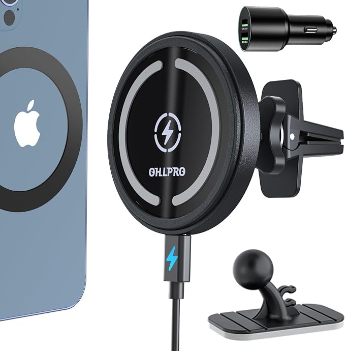 for MagSafe Car Mount Charger iPhone Wireless Car Charger, Stick on Dashboard Magnetic Phone Holder Mount for iPhone 17 Pro Max 16 15 14 Series, 15W Fast Charging, Aluminum Shell