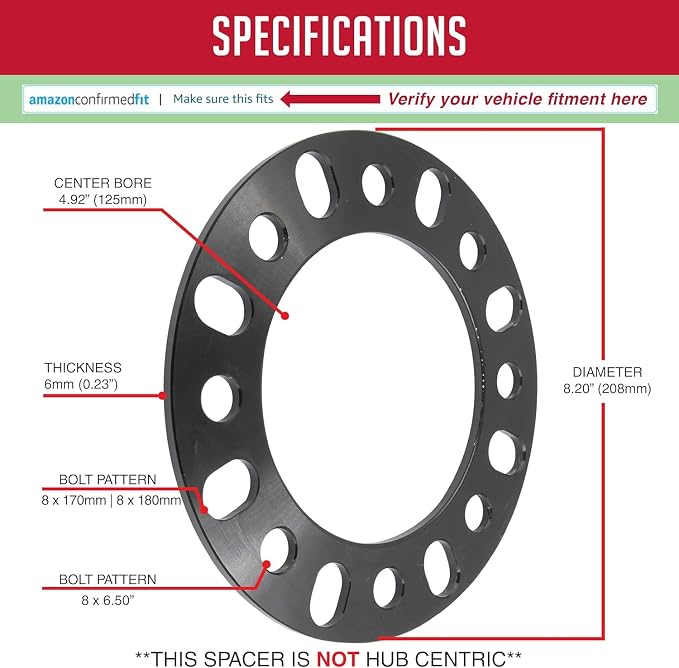 2 Pcs Universal Wheel Spacers 6mm 1/4" Thick Fits Bolt Patterns 8x6.50 8x165.1mm 8x170mm 8x180mm Chevy Siverado 2500 3500 | Ford F250 F350 | Ram 2500 3500 - Not Hub Centric