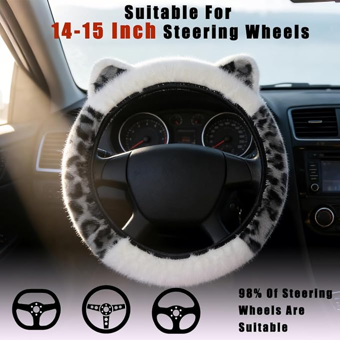 Leopard Fluffy Car Steering Wheel Cover with Keychain 14-15 inch Gray White | Cute Ears Steering Wheel Covers Universal Elastic Stretch Steering Wheel Protector Accessories for Women Girls