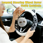 Leopard Fluffy Car Steering Wheel Cover with Keychain 14-15 inch Gray White | Cute Ears Steering Wheel Covers Universal Elastic Stretch Steering Wheel Protector Accessories for Women Girls