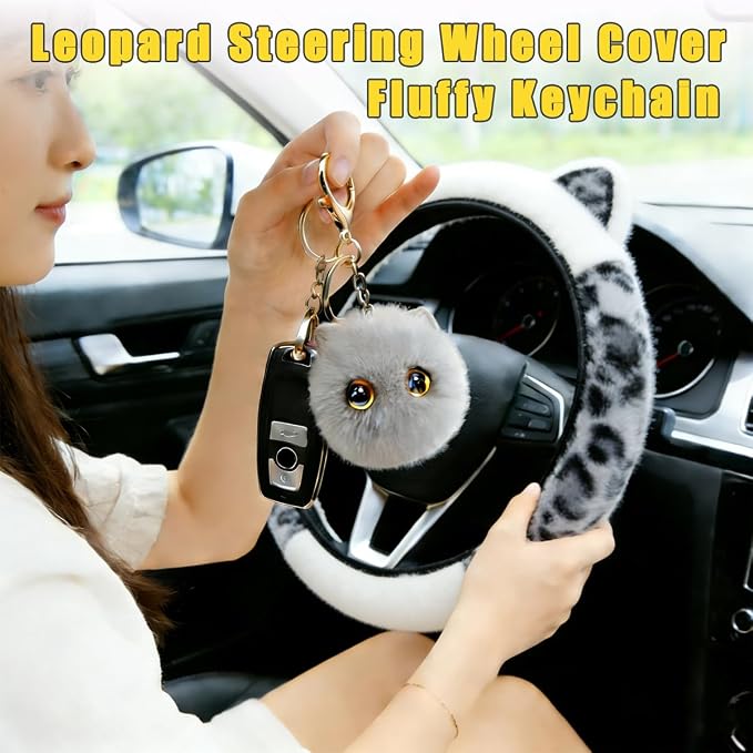Leopard Fluffy Car Steering Wheel Cover with Keychain 14-15 inch Gray White | Cute Ears Steering Wheel Covers Universal Elastic Stretch Steering Wheel Protector Accessories for Women Girls