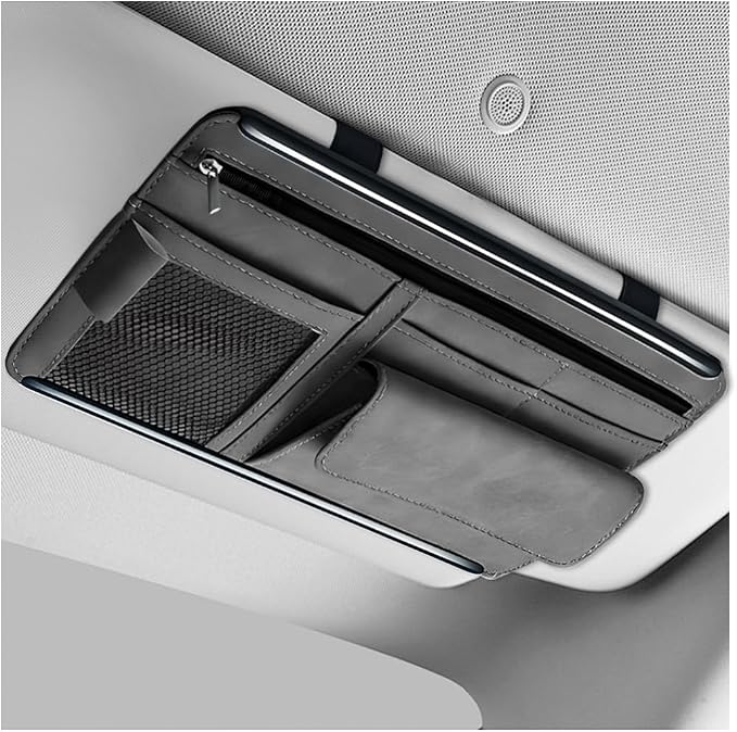 Car Sun Visor Organizer, Leather Sun Visor Pocket Organizer Case with Multi-Pocket Net Zipper, Suede Note Holder Car Visor Storage Pouch for Card Pen Sunglasses Document (Gray)