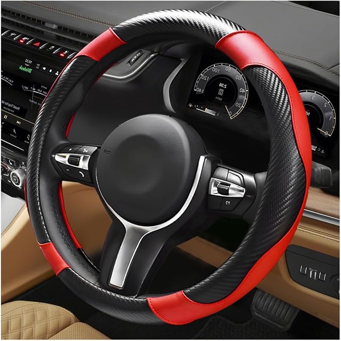 Car Steering Wheel Cover, 15 Inch Anti-Slip Stretch Leather Steering Wheel Protector, Comfortable Breathable Sporty Steering Wheel Cover for Women Men, Car Accessories (Black & Red)