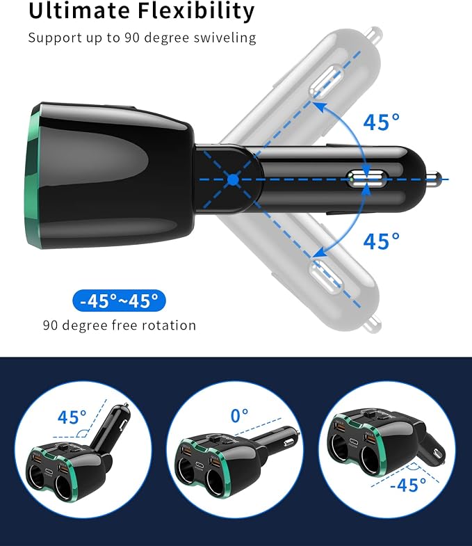 [2026 Upgraded] Cigarette Lighter Splitter, 180W 2-Socket Cigarette Lighter Adapter with Dual QC3.0 and 20W PD USB C Car Charger Splitter for GPS/Dash Cam/Laptop/iPad/iPhone 17/16/15/14/13/12