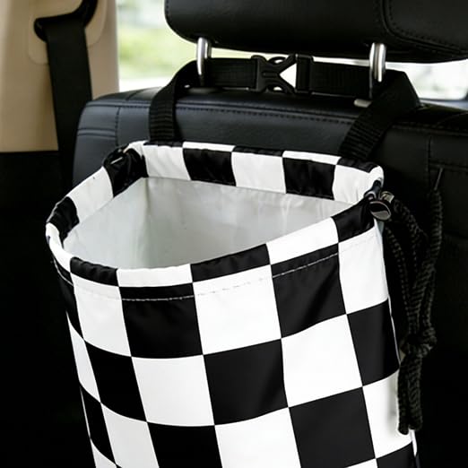 Black White Chessboard Car Trash Bag - Waterproof Car Trash Bag Hanging Leakproof Car Garbage Bag - Washable Reusable Trash Bag For Car Interior Hanging Organizer Storage Vehicle Travelling Camping