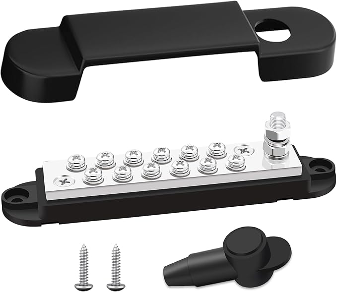 Marine Bus Bar 12V 150A 1/4" Stud Power Distribution Block, 12 Volt DC Battery Busbar, Automotive Buss Bar 12v for Car, Boat and Solar Wiring (Black)
