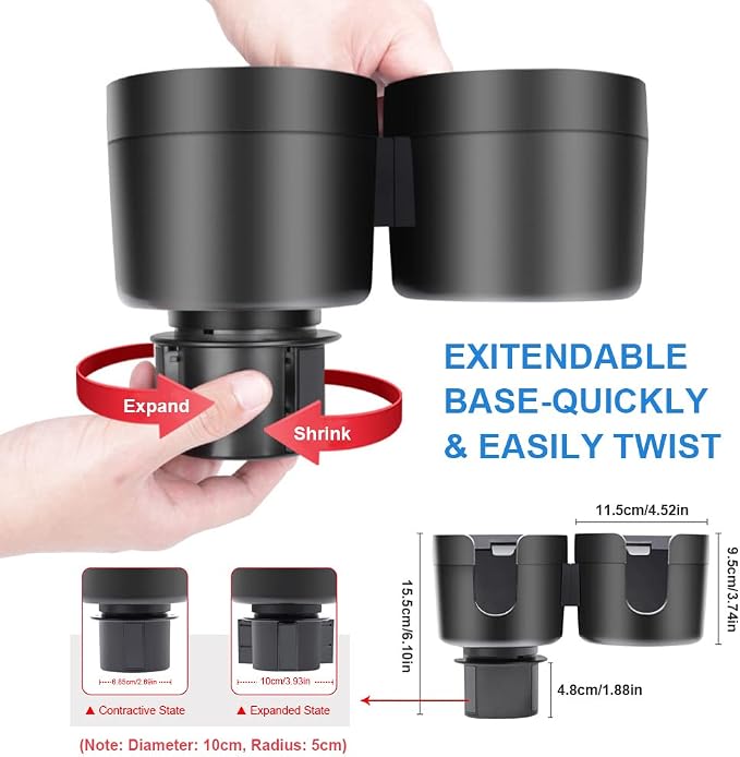 JINKEY Dual Cup Holder Expander for Car, 2 in 1 Multifunctional Large Car Cup Holder Expander Adapter with Adjustable Base, All Purpose Car Cup Holder for Bottles Cups Drinks Snack Organizer Grey