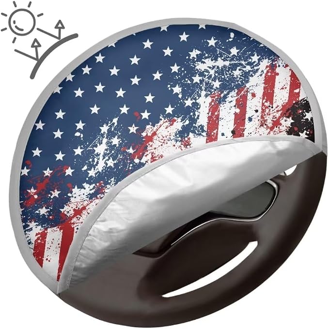 Steering Wheel Cover Sun Shade Universal Anti-Heat Aluminum Foil Auto Interior Protector, USA Flag Design Block UV Rays Cool in Summer Universal for Cars Truck SUV Van