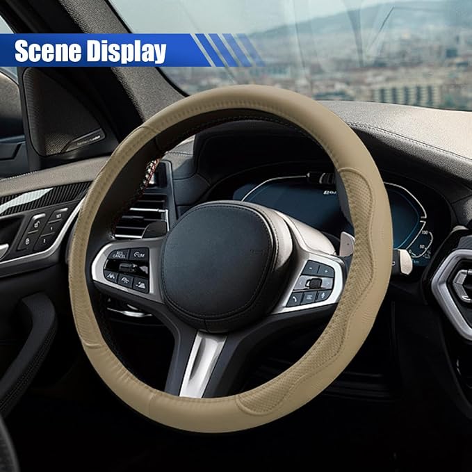 15 Inch Leather Car Steering Wheel Cover for SUV, Truck, Beige | Anti-Slip Breathable Automotive Steering Wheel Protector, Universal Heat Resistant Vehicle Interior Accessories