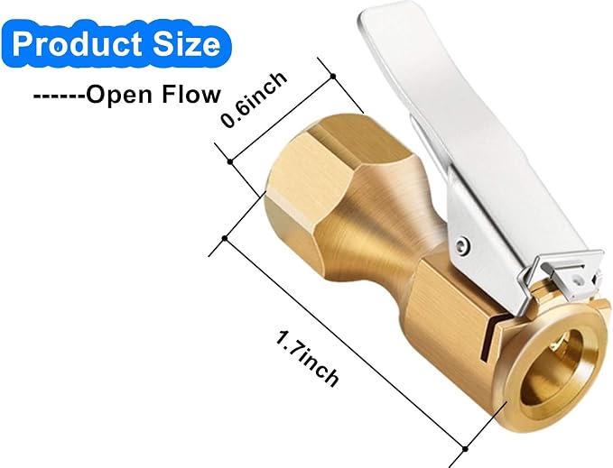 Heavy Duty Brass Air Chuck, Open Flow Straight Tire Chuck with Lock-on Clip, 1/4" FNPT Tyre Chuck for Tire Inflator Pressure Gauge Air Pump Compressor Accessories (Brass, 2 Pack)