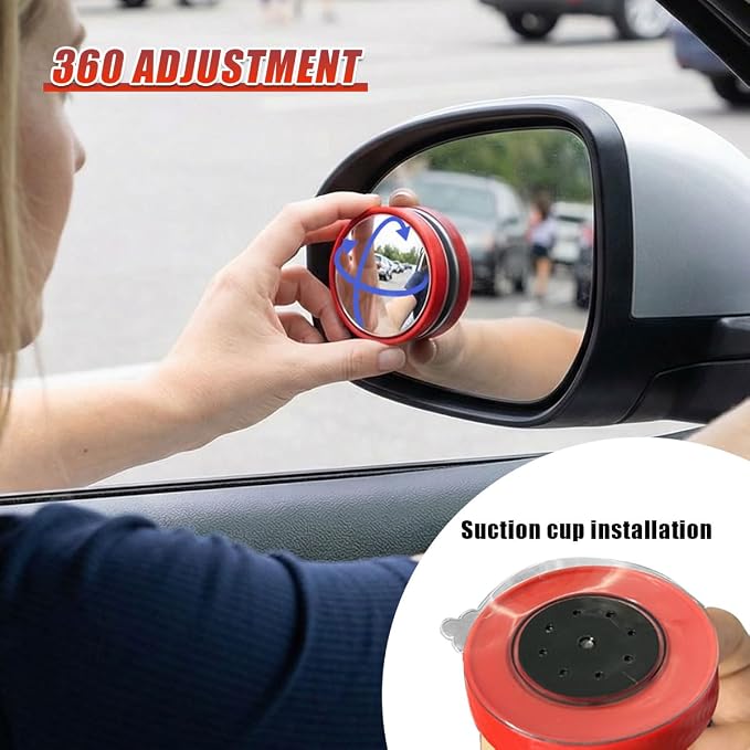 2PCS Car Blind Spot Mirror with Suction Cup, 360°Adjustable HD Glass Automotive Rear View Mirror, Universal Carbon Fiber Wide-Angle Side Mirrors for Cars, SUVs, Trucks(Red)