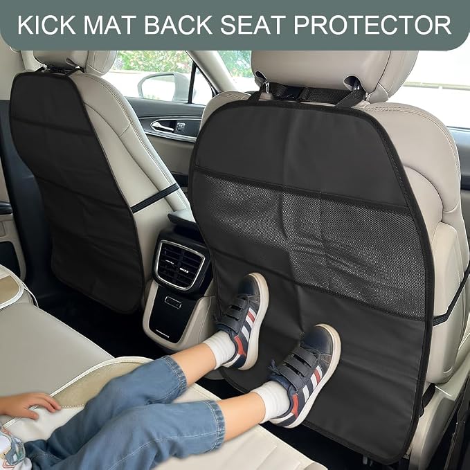 Kick Mat Back Seat Protector, Back Seat Cover for Kids, Waterproof Car Backseat Protective Kick Mat with 2 Mesh Pockets, Multifunctional Car Storage Organizer for Most Vehicles (1PCS)