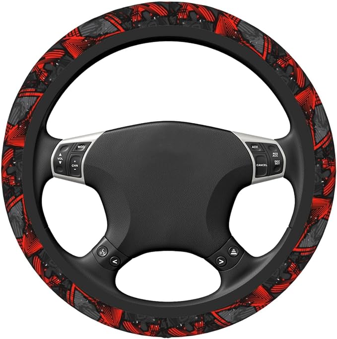 Cool Red Black and Gray Geometric Steering Wheel Cover for Women Men Girls Car Accessories Decor Anti-Slip Neoprene Auto Steering Wheel Covers Protector Universal 15 Inch