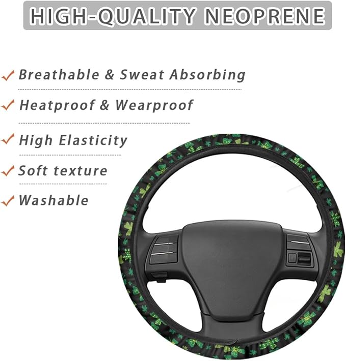 Car Steering Wheel Cover St.Patrick's Day Shamrock Green Pattern Car Wheel Cover Protector Steering Wheels Accessories Easy to Install Car Decoration Fit Most Car Truck SUV Van