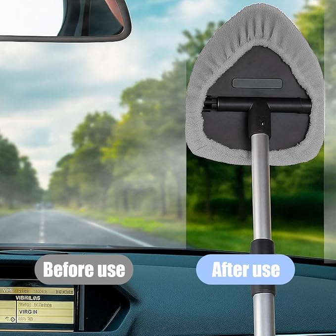 Car Windshield Cleaner Tool, Vehicle Window Detailing Cleaning Kit with Extendable Handle & 4 Washable Microfiber Pad, Auto Glass Wiper Cleaner for Exterior & Interior, Universal Fit (Gray)