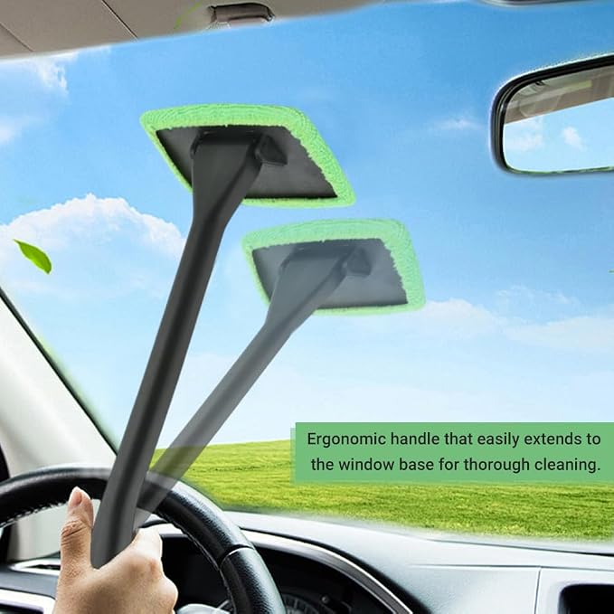 Car Windshield Cleaning Tool, Windshield Cleaner with 5 Reusable Microfiber Pads and Extendable Handle, Auto Glass Wiper Kit for Interior/Exterior Dirty Car Windows(Color:Green)