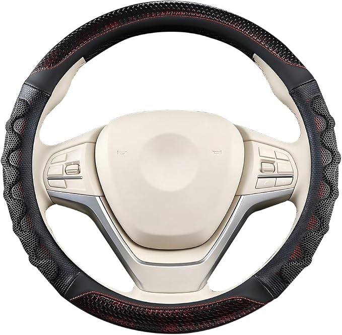 Car Steering Wheel Cover, 14.5-15" Anti-Slip Steering Wheel Protector with 3D Honeycomb Massage Grip, Comfortable Auto Interior Decor Accessories, Universal for SUV Van Truck (Black/Red)