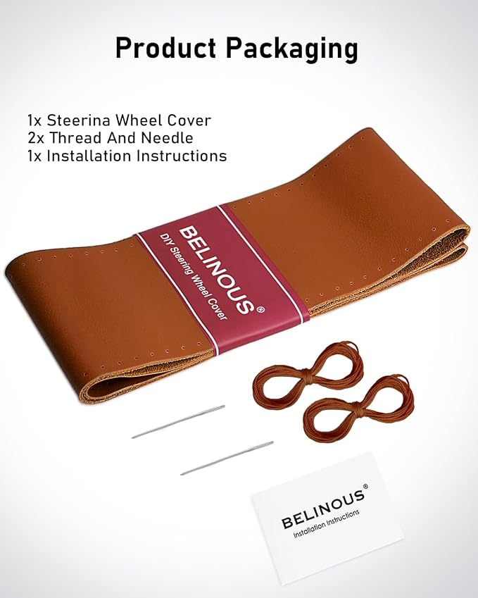 Leather Steering Wheel Cover Lace Up, Stitch on Steering Wheel Wrap, Universal Fit 13-20 Inch Car Truck Pickup Boat, A Whole Piece of Cowhide, DIY w/Needle Thread (Size L2, Brown)