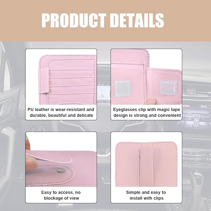 2 PCS Car Sun Visor Organizer, Small Auto Visor Organizer and Storage, Registration and Document Holder for Sunglasses, Card, Pen, Driver License, Car Accessories (Pink)