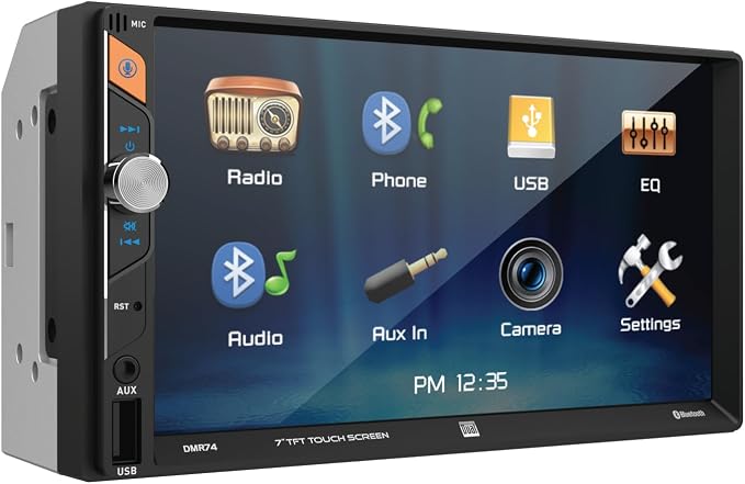 DMR74 7-Inch Touchscreen Double DIN Car Stereo, Bluetooth | Backup camera input, hands-free Bluetooth calling, USB playback & charge, push to talk voice assistant, no CD or DVD