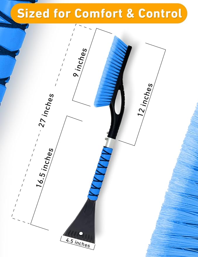 27" Aluminum Snow Brush with Ice Scrapers for Car Windshield and Window | Car Snow Scraper and Brush with Ergonomic Foam Grip Winter Accessories (Blue)