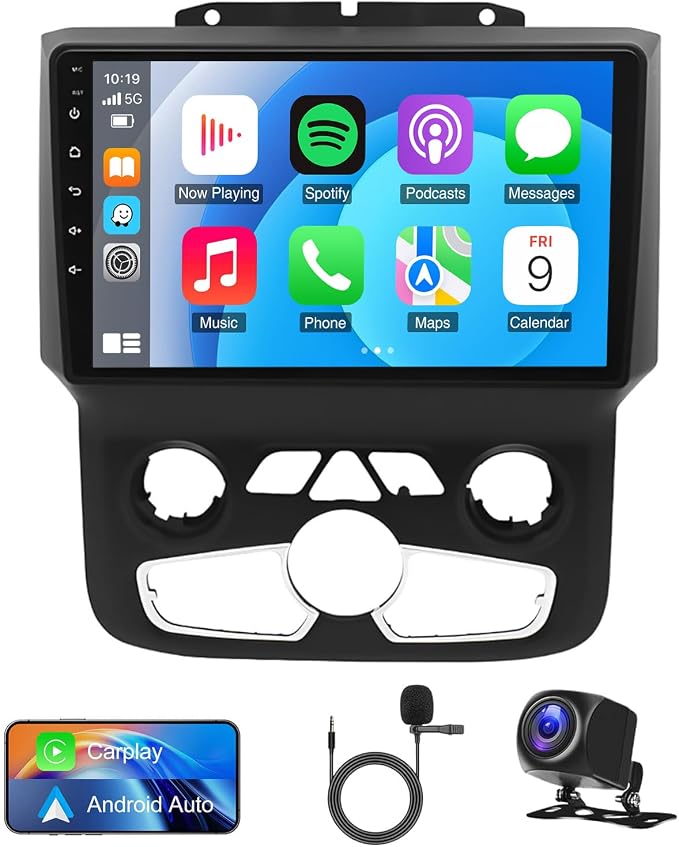 9" Touchscreen Car Stereo for Ram 2013-2019 with CarPlay & Android Auto | GPS Navigation, Bluetooth, SWC, FM/RDS, AHD Backup Camera, Android 13 OS, 2+32GB