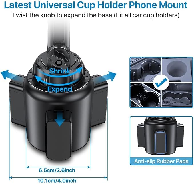 Cup Phone Holder for Car, [Upgraded Version] Adjustable Long Neck Car Cup Holder Phone Mount Cradle Friendly Compatible with iPhone Samsung Google and All Smartphones, Silver